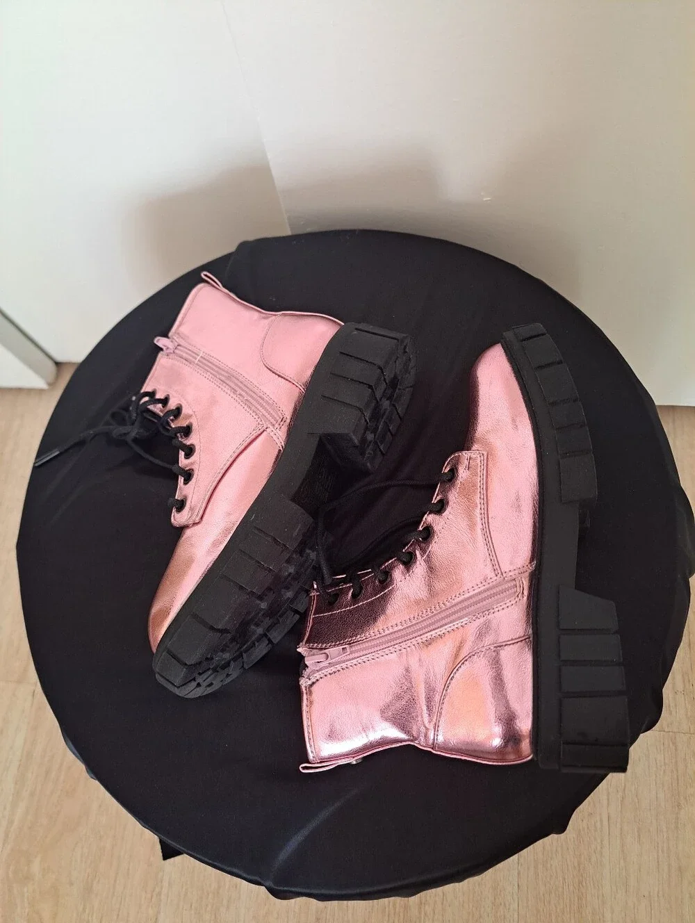 Metallic Pink Lace-Up Combat Boots with Chunky Black Sole